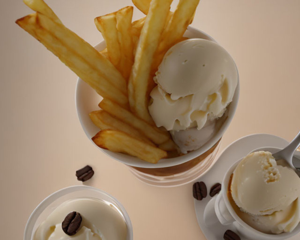 Vanilla Ice Cream in Glass Cup with Coffee Beans and Golden French Fries