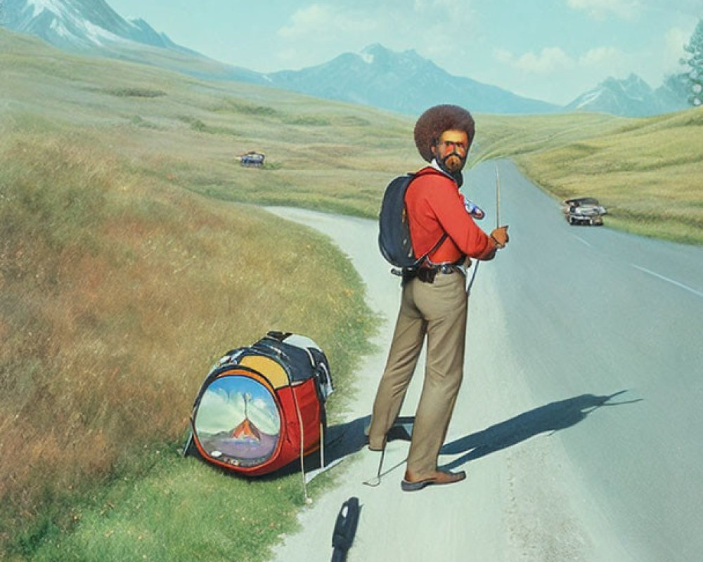 Man with Afro Hairdo Hitchhiking with Cat in Bubble Suitcase by Mountain Road
