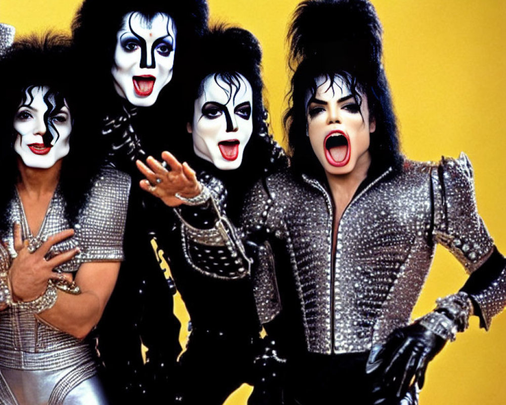 Four people in KISS-inspired makeup and costumes on yellow background