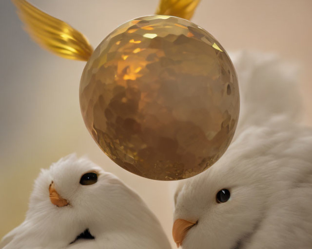 Two white birds with golden speckled orb and wings in soft-focus background