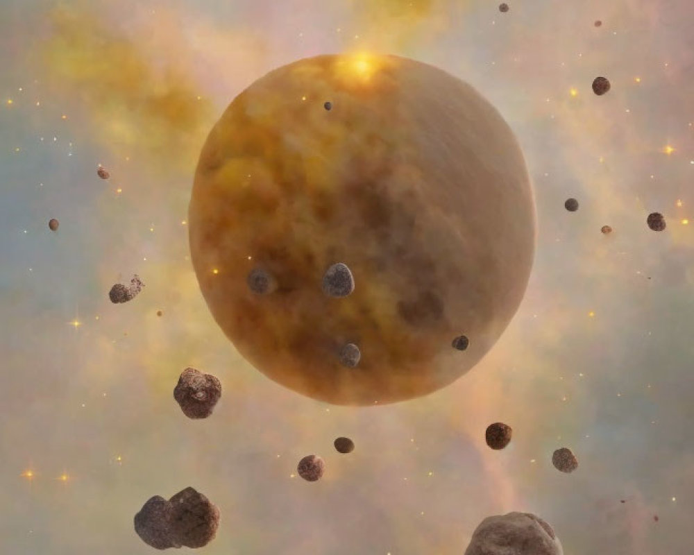 Brown planet surrounded by asteroids in vast cosmos.