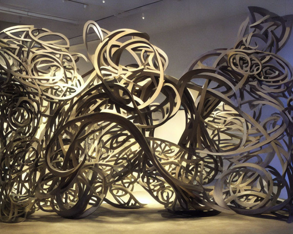 Large-Scale Metal Sculpture with Intricate Loops and Swirls in Gallery