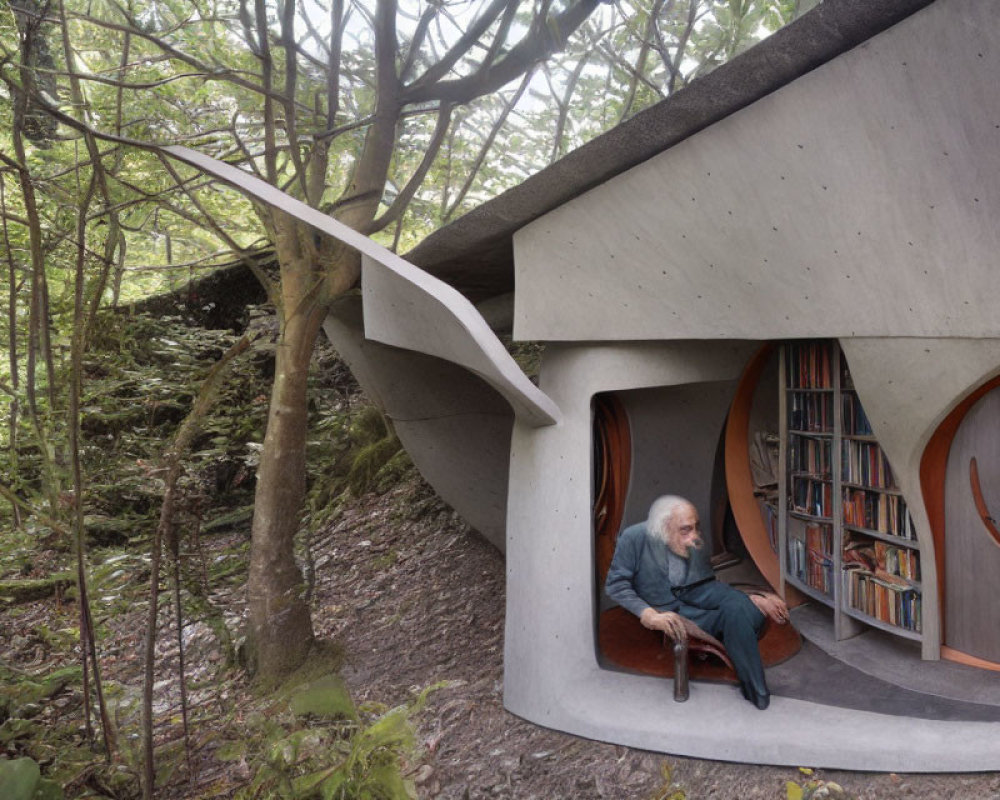 Elderly man sitting in modern concrete alcove with bookshelves amidst forest