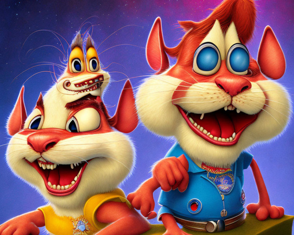 Stylized animated cats with bright colors on cosmic backdrop
