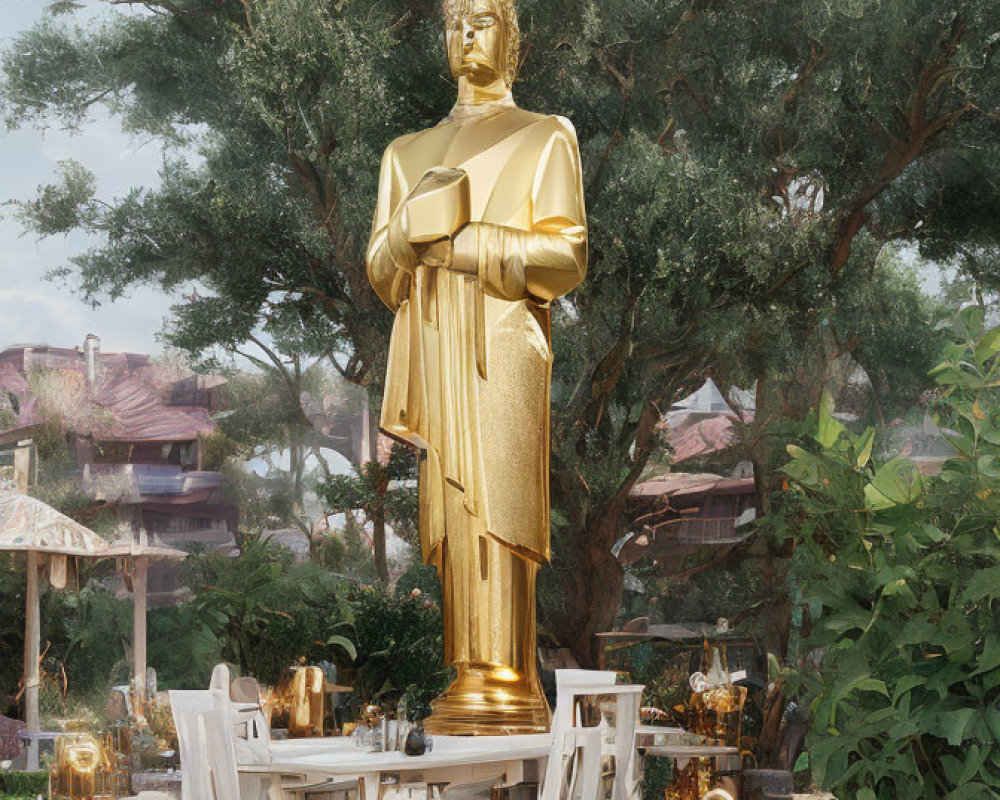 Golden statue of standing figure in traditional attire near tree with outdoor dining setup.