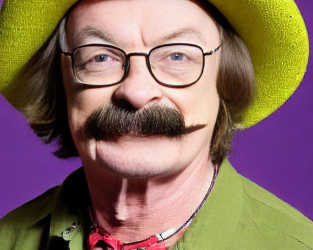 Mustached man in yellow hat and glasses on purple background