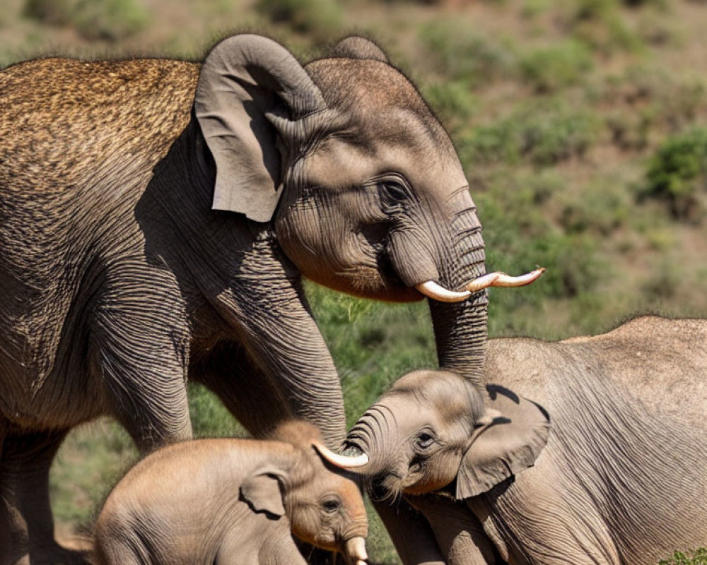 Adult and calf elephants in savanna grassland.