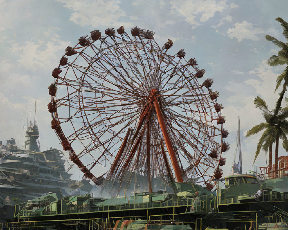 Ferris wheel surrounded by military vehicles in a themed setting
