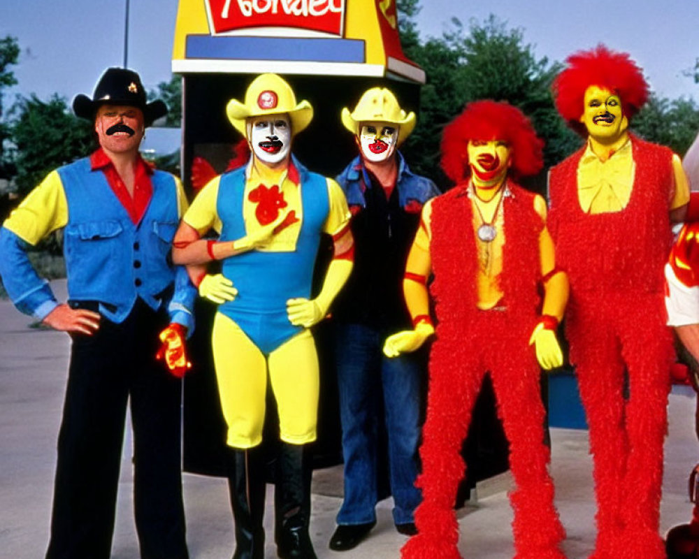 Group of Five Individuals in Costume at Kool-Aid Stand