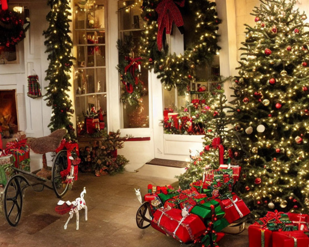Festive holiday scene with Christmas decorations and storefront display