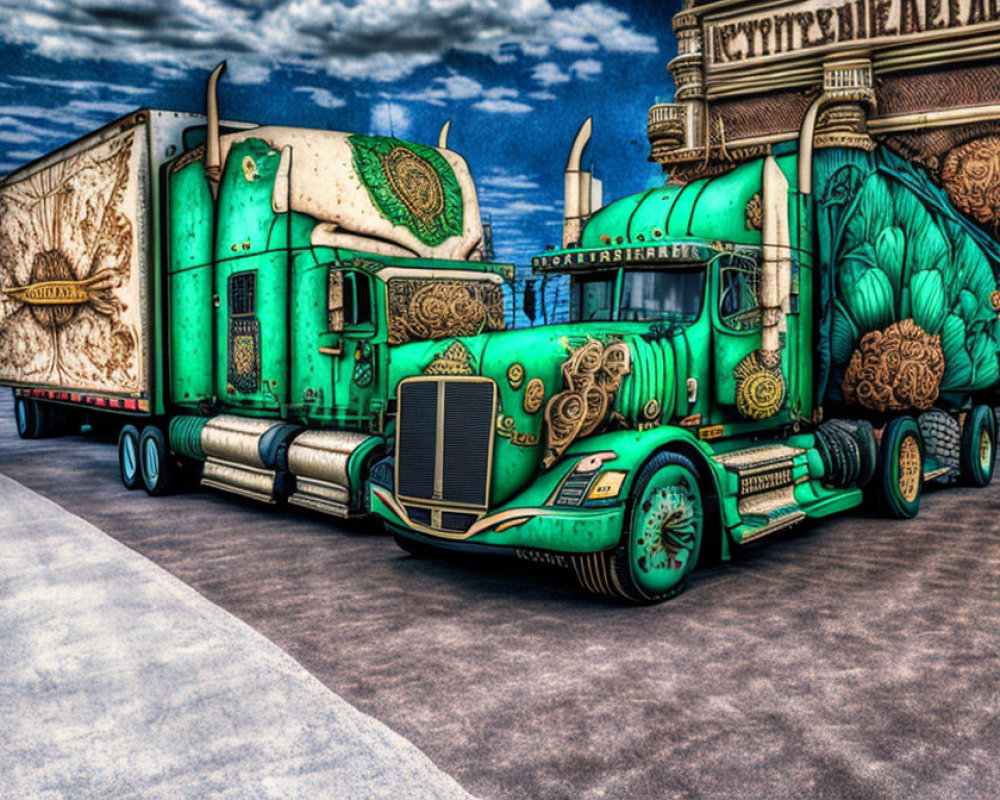 Digitally enhanced image of green ornate semi-truck under cloudy sky