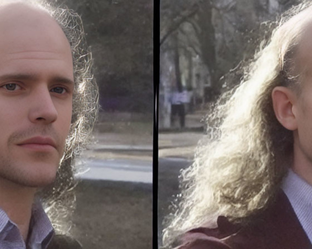 Side-by-side comparison of man outdoors with thin and thick hair volumes