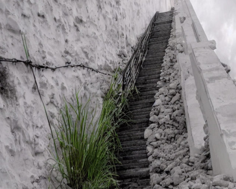 Weathered Staircase with Crumbling Steps and Overgrown Grass by White Wall