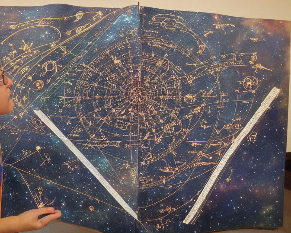 Person holding open large book with intricate astronomical illustrations and star patterns