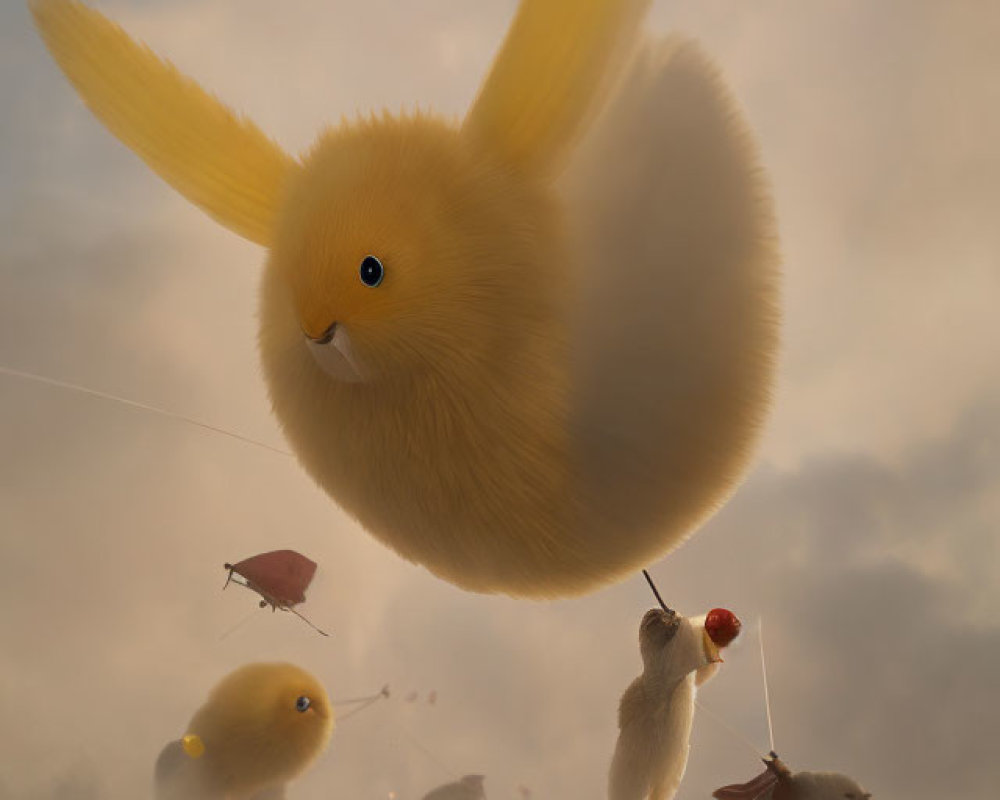 Giant fluffy yellow creature with bunny ears floating over foggy landscape