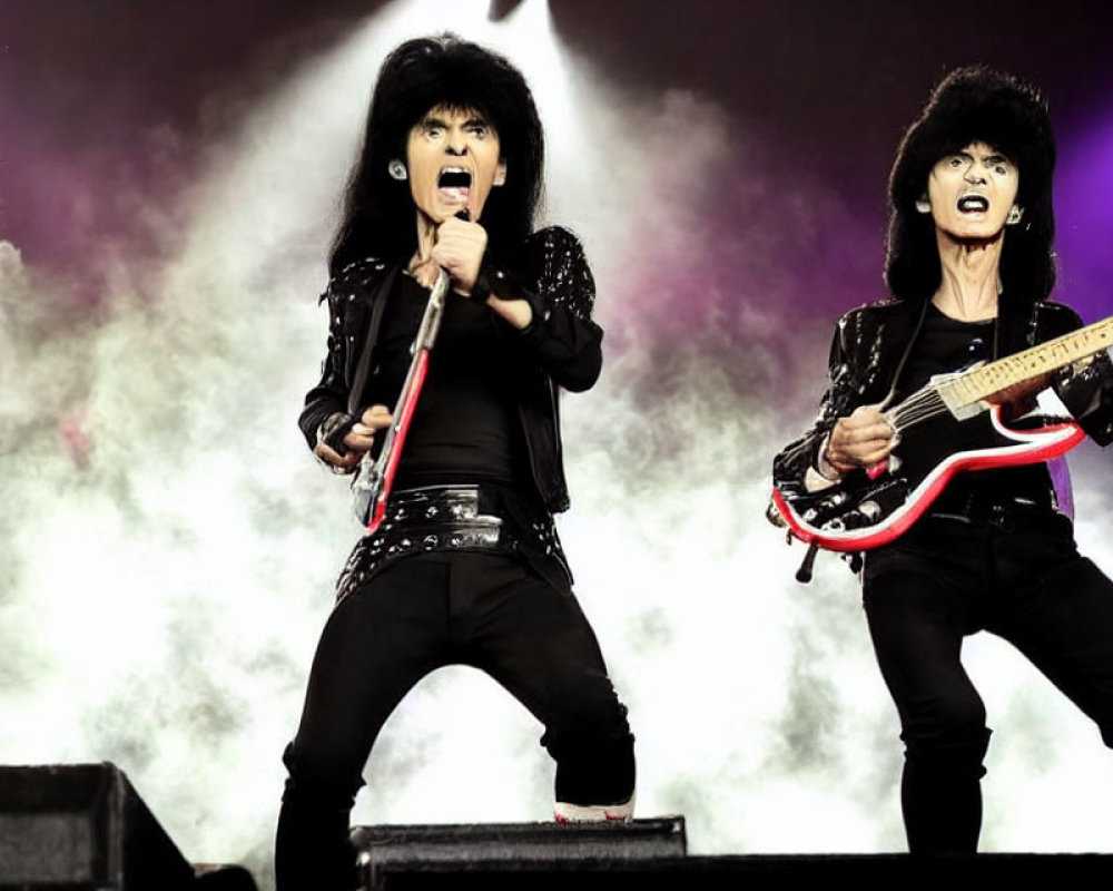 Three Performers in Black Spiky Hair and Leather Outfits on Stage with Microphones and Guitar