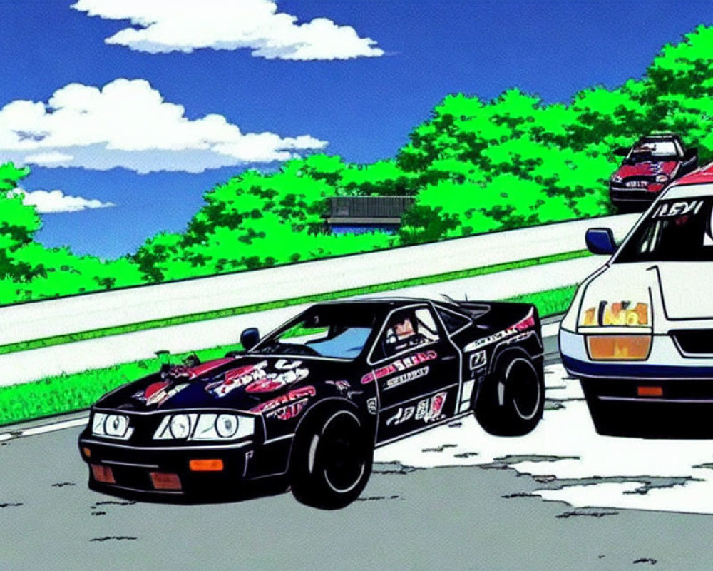 Animated race cars on track with green trees and blue sky, black car in foreground