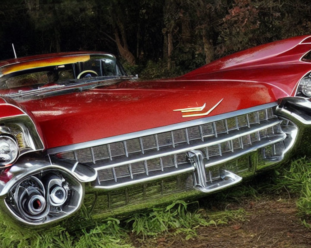 Vintage red Cadillac with tailfins and chrome details in nature.