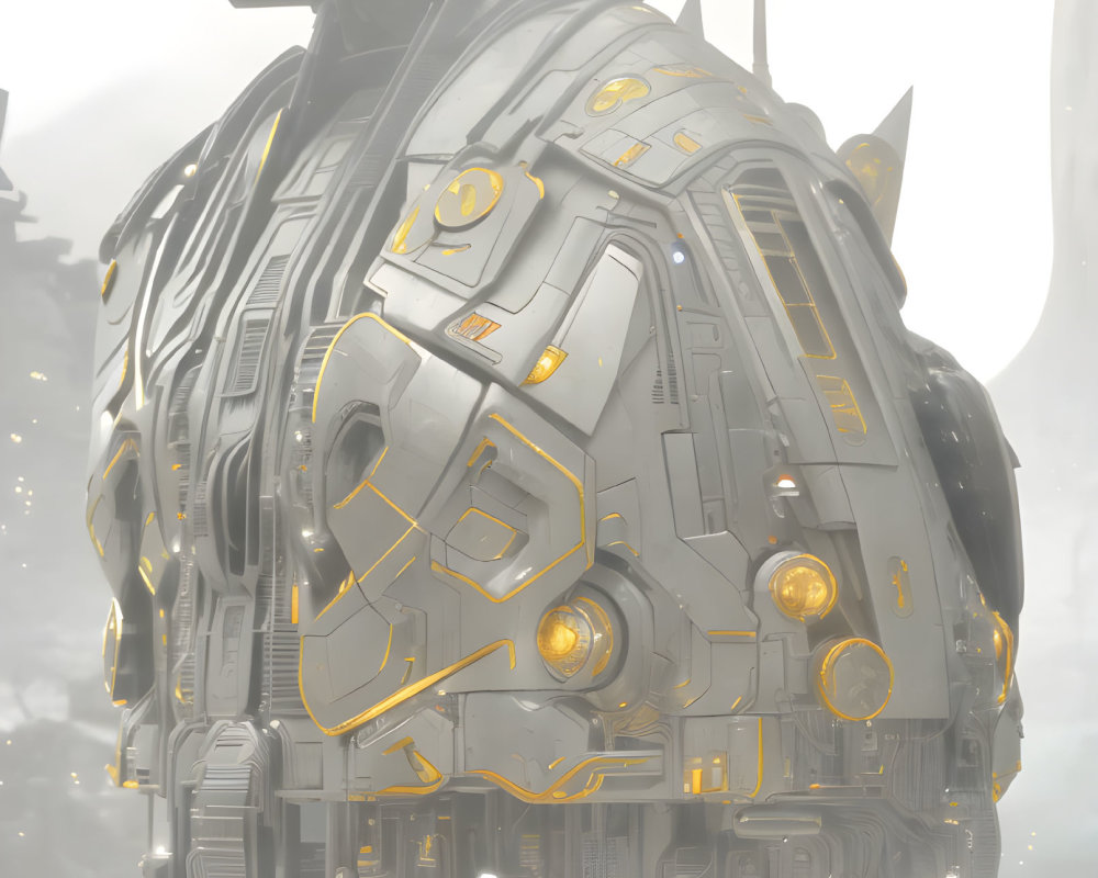 Futuristic gold and grey mechanical structure in mist