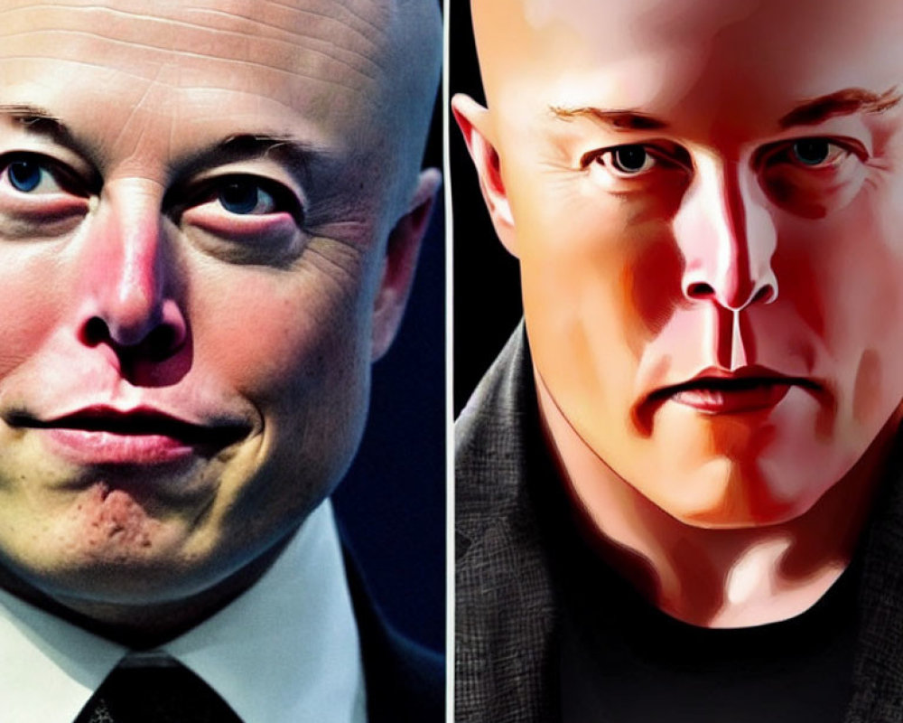 Real man's face vs. stylized illustration: Bald heads, similar expressions
