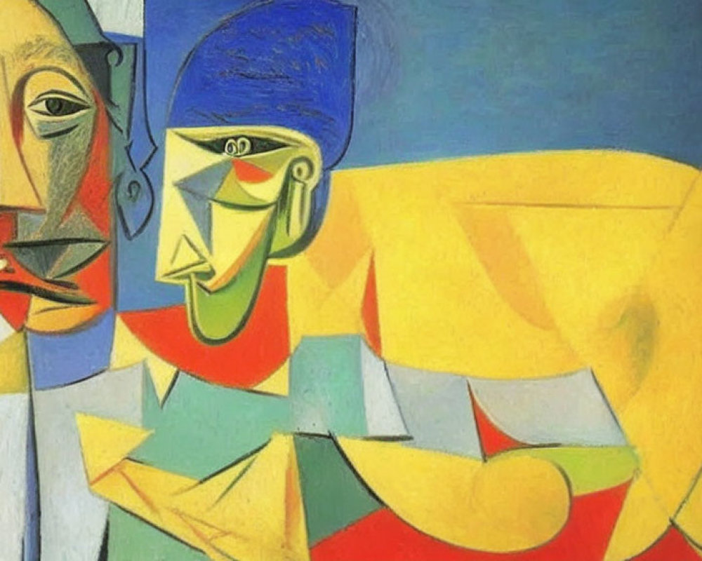 Abstract Cubist Painting with Fragmented Figures in Blues, Yellows, and Greens
