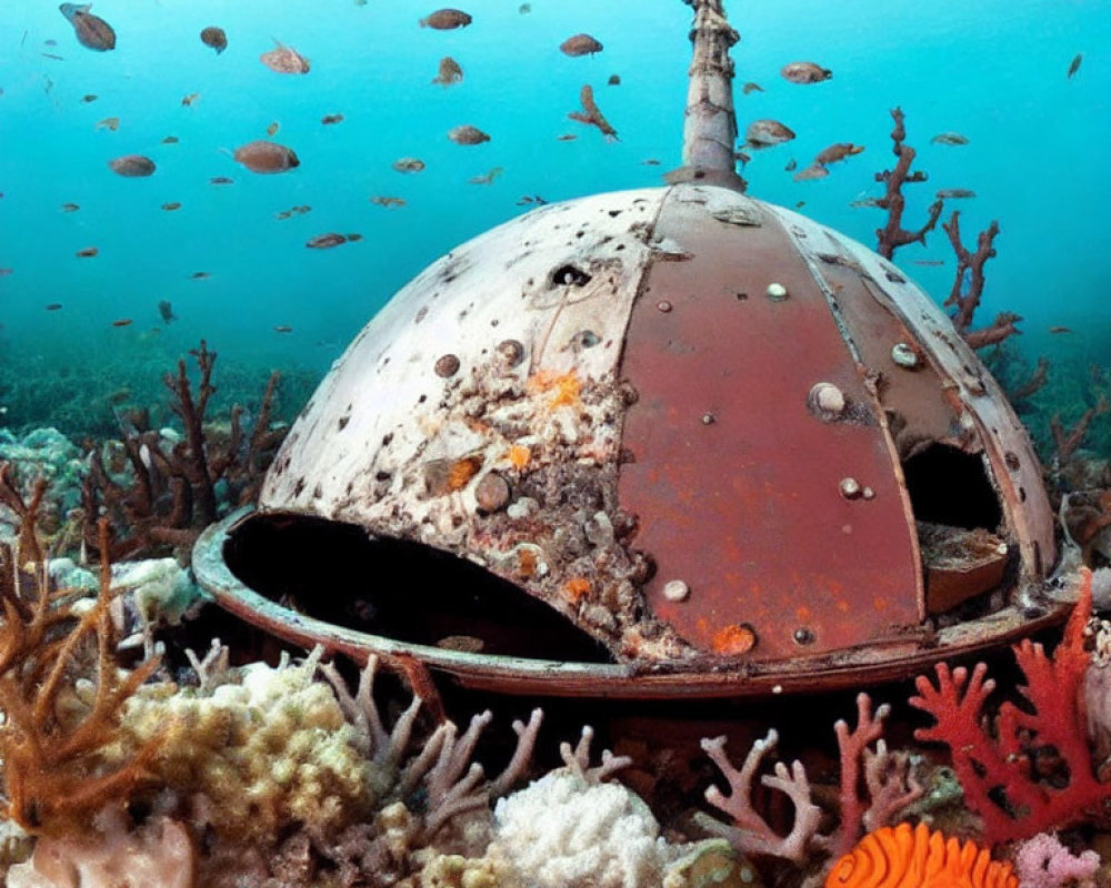 Sunken vintage diving bell in coral reef with small fish