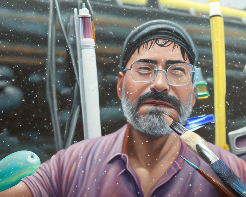 Bearded man with glasses and art supplies in whimsical fusion