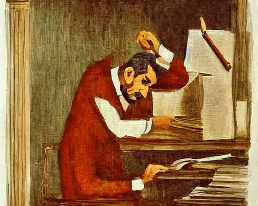 Vintage Illustration: Man in Red Robe Writing at Cluttered Desk