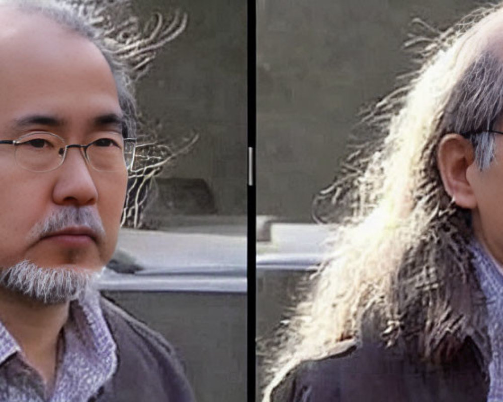 Man with glasses and graying hair: Before and after retouching comparison