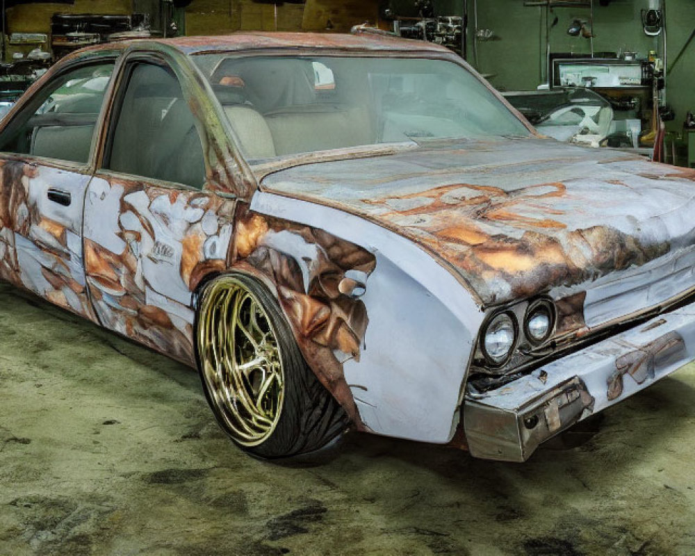 Rusted vintage car with modified body and gold rims in workshop