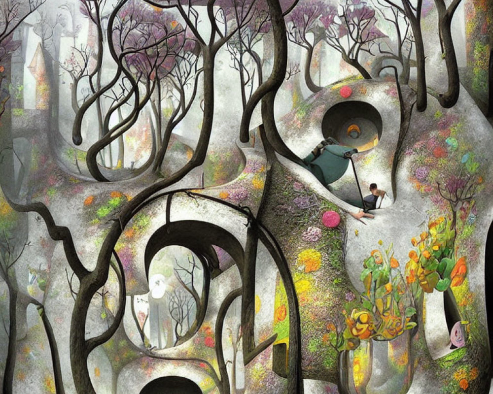 Surreal multi-level landscape with twisted trees and hidden creatures