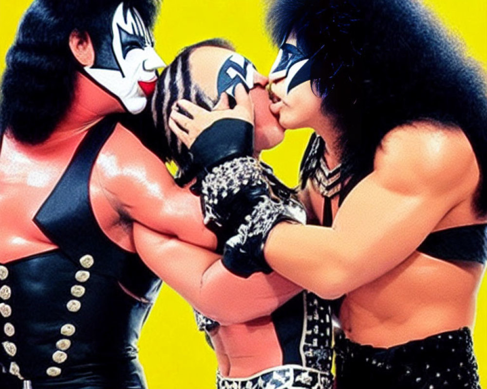 Rock band KISS members in full makeup and costumes kissing on cheek