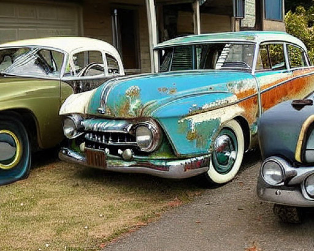 Vintage Turquoise and White Station Wagon with Wood Paneling and Rust parked near Classic Cars