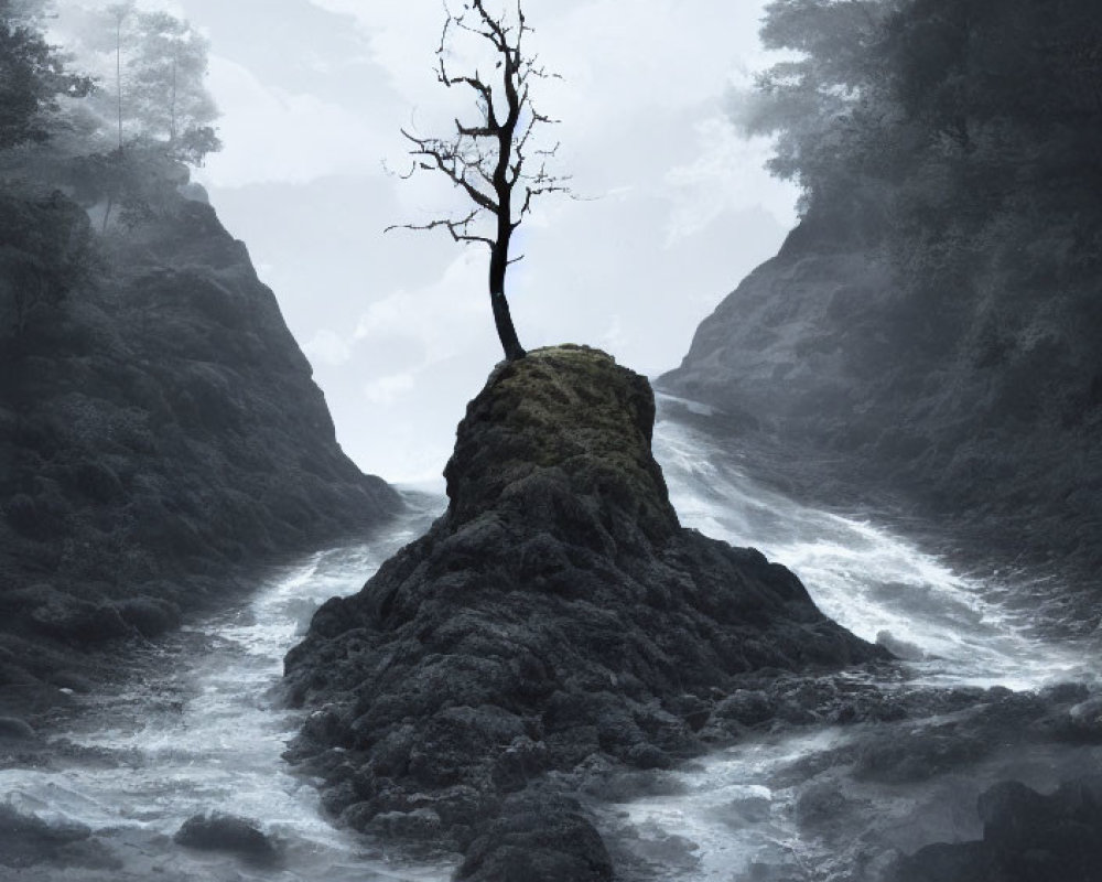 Leafless tree on rocky outcrop in misty landscape with flowing water.