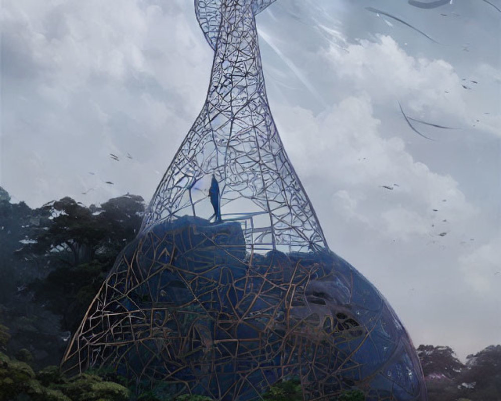 Person standing on spherical structure with metal latticework under red beacon sculpture in forest clearing