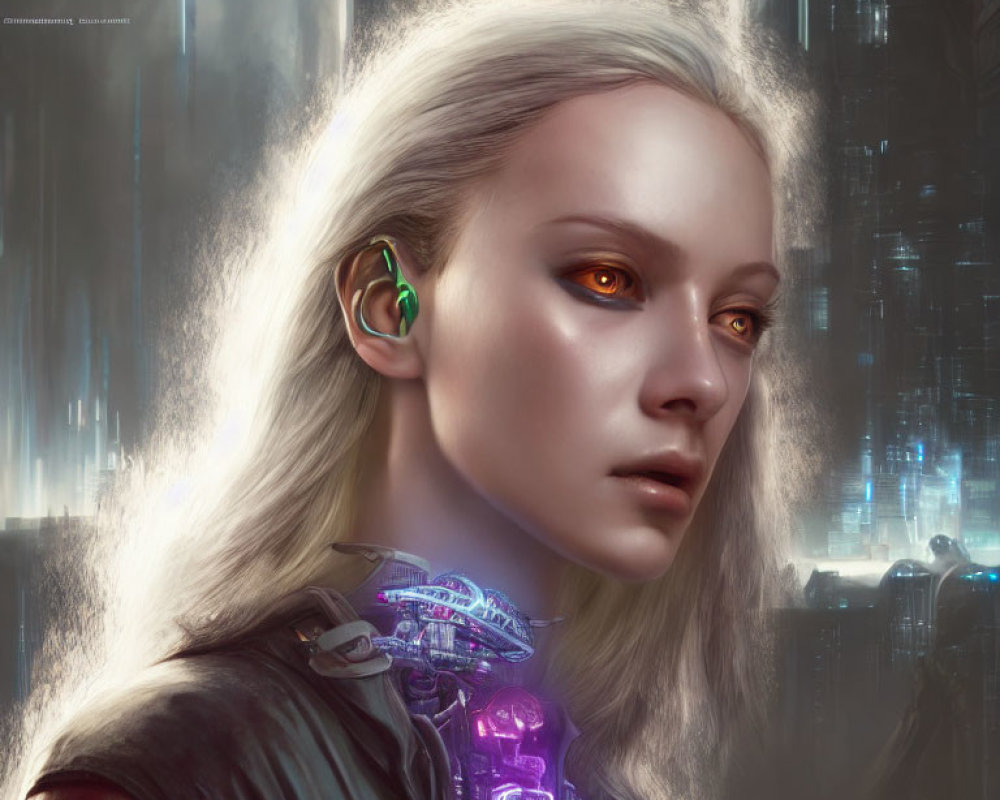 Female humanoid with pale skin, golden eyes, white hair, and cybernetic enhancements against city backdrop