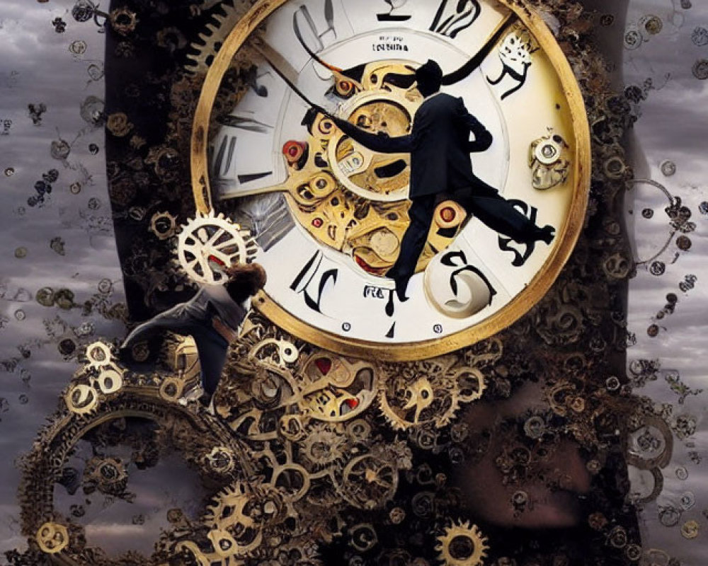 Person running on clock surrounded by cogs and gears