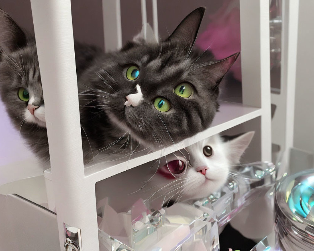 Three Fluffy Cats with Green Eyes on White Shelving Unit