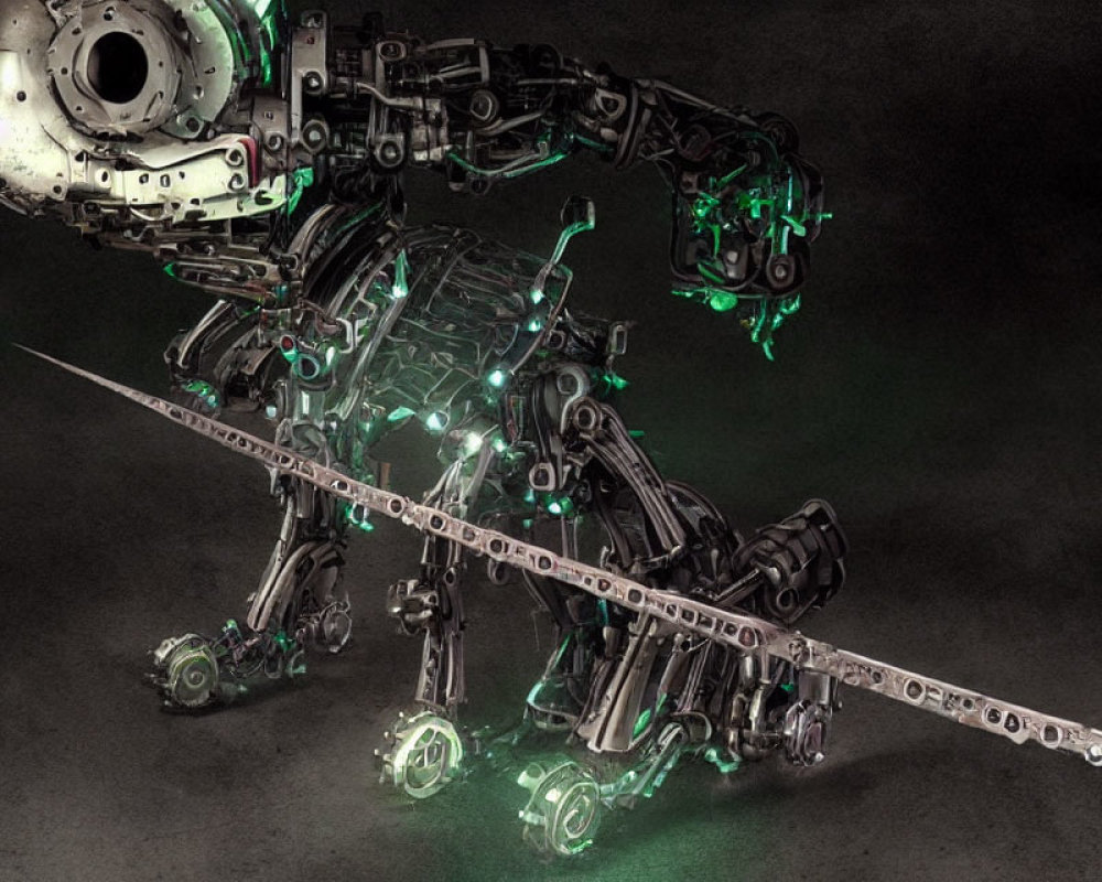 Detailed digital artwork of a green-glowing mechanical robot with a sword.