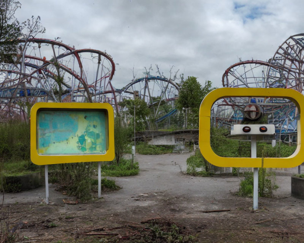 Desolate amusement park with rusty roller coaster and overgrown vegetation.
