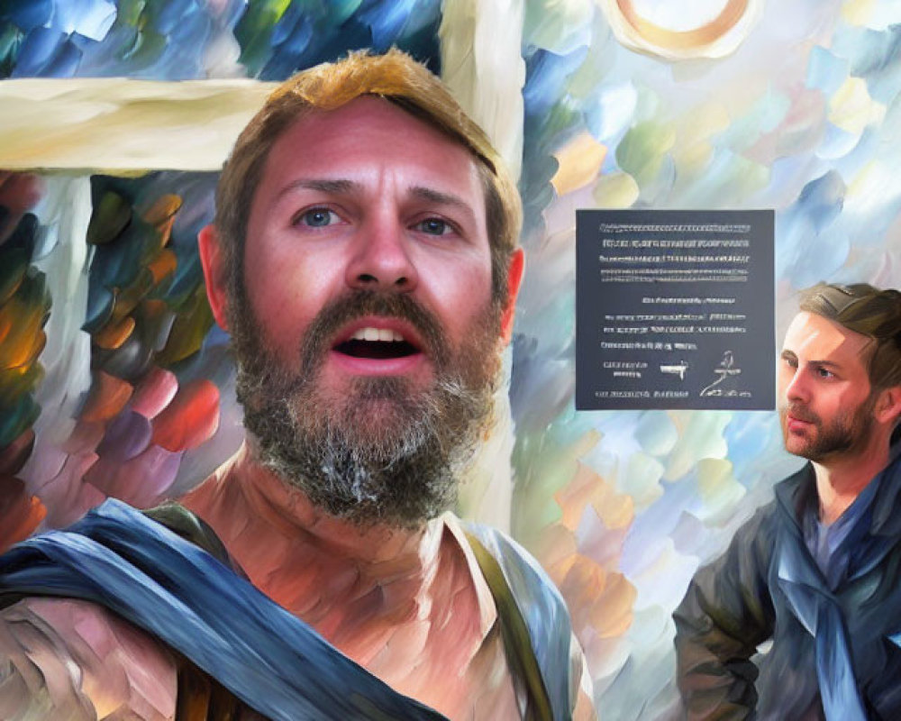 Classical painting with bearded man and modern observer in impressionistic setting