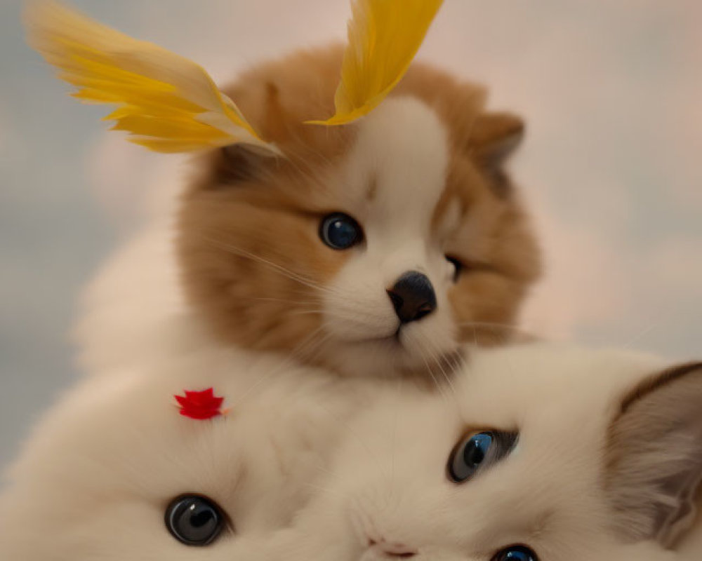 Fluffy anthropomorphic cats with blue eyes and unique accessories