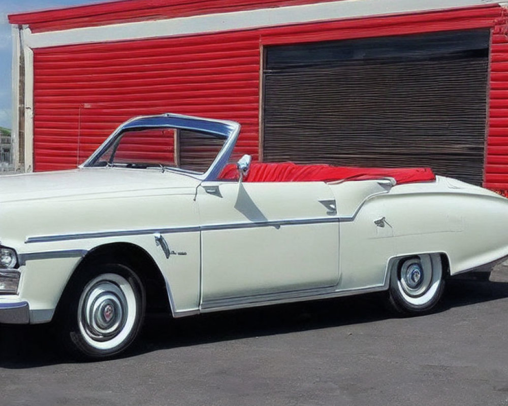 Classic White Convertible Car with Red Interior Parked by Red Storage Unit