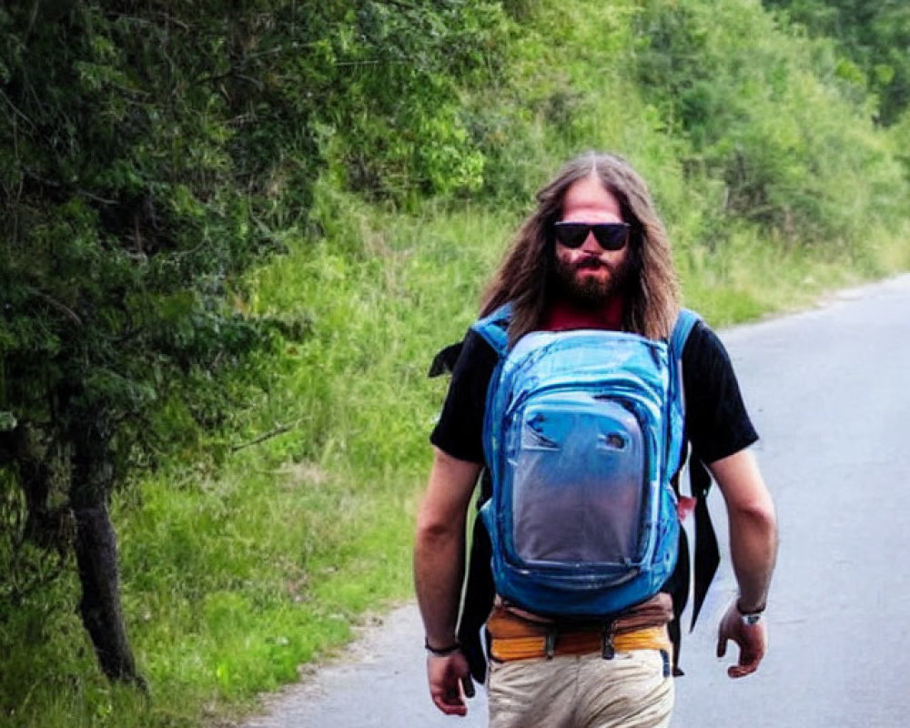 Bearded person with sunglasses and backpack walking by forest on road