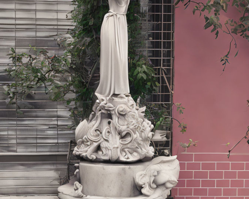 Graceful woman statue with flowing hair and raised arm against vine-covered building