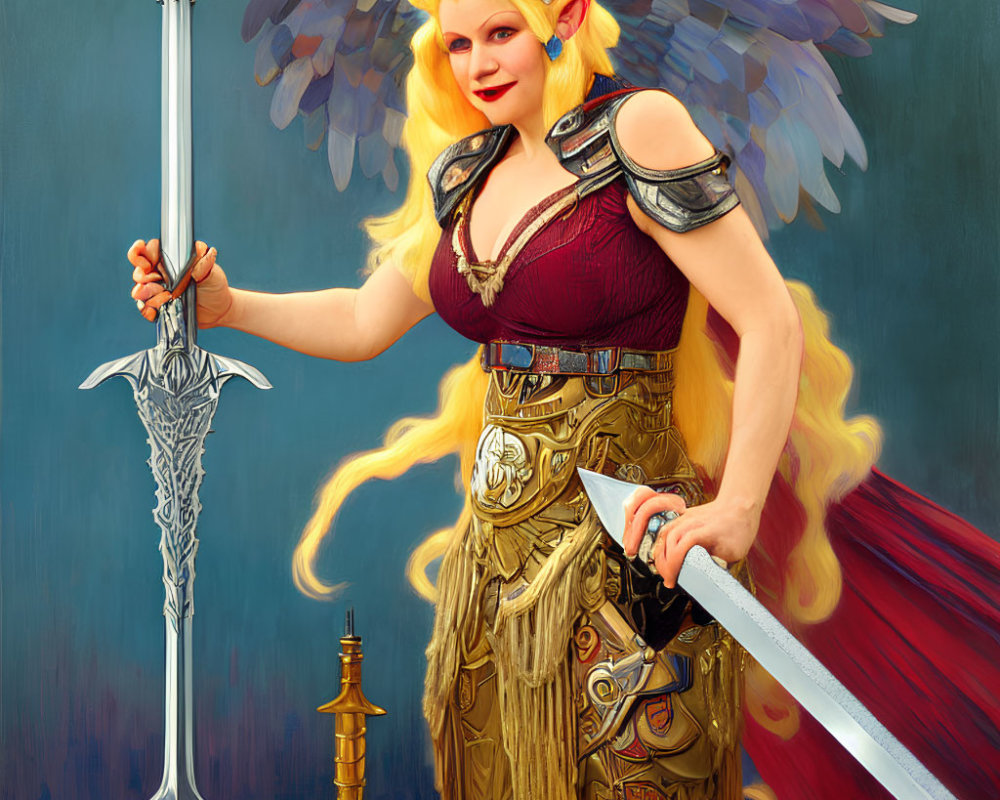 Blonde Elf with Wings Holding Spear and Sword in Fantasy Illustration