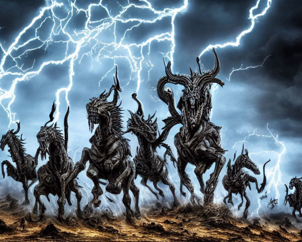 Fantastical horse-like creatures with horns gallop under stormy sky