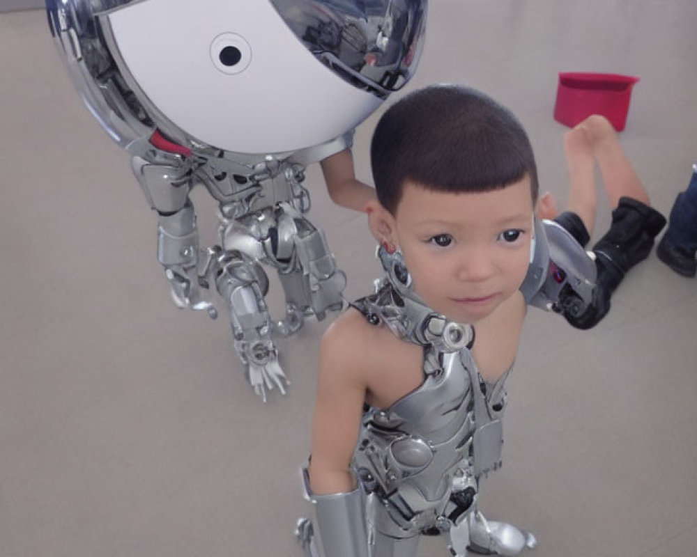 Child in silver robot costume with spherical helmet in public space