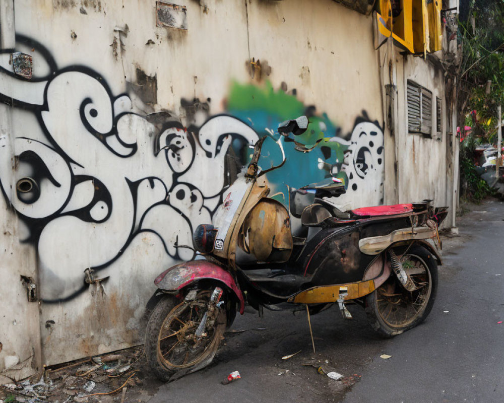 Weathered scooter against graffiti-covered wall on street with debris and foliage