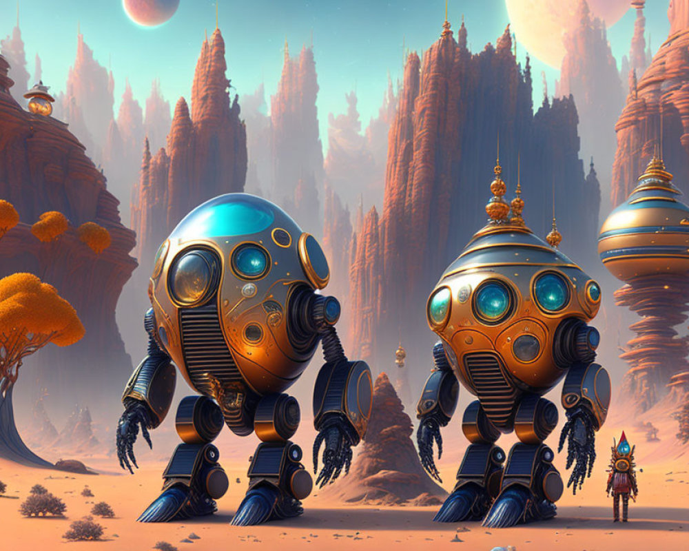 Two spherical robots on spindly legs explore an alien desert landscape.